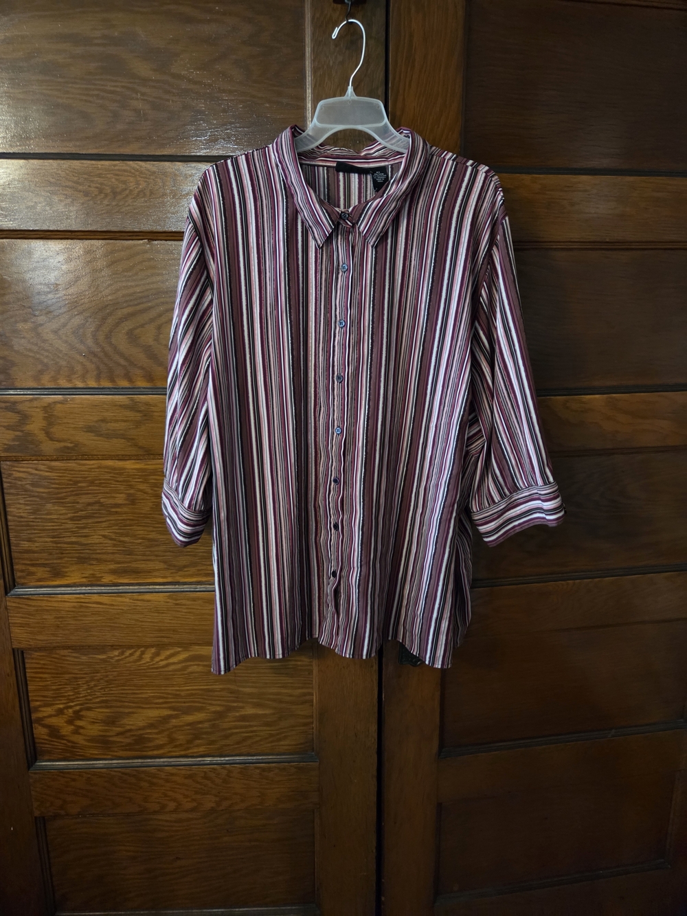 Maggie Barnes Burgundy, Black and White Striped Casual Button-Down Shirt